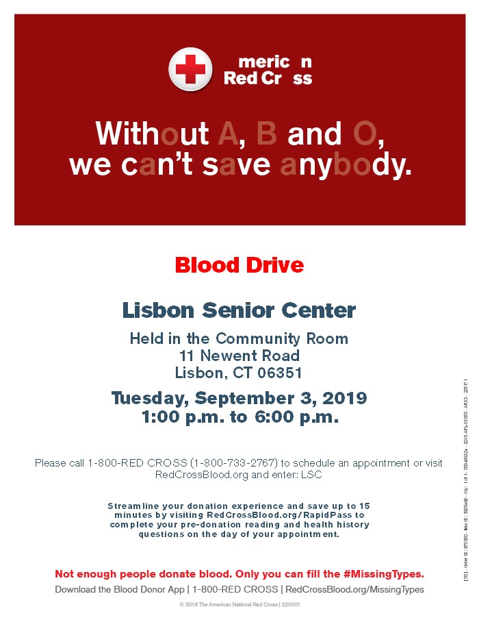 Tuesday, September 3rd- Red Cross Blood Drive - Senior Centers